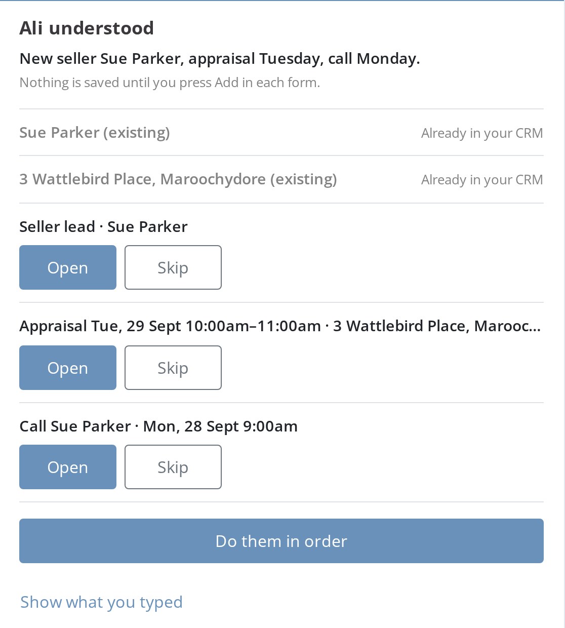Ask Ali understood: seller lead, appraisal on Tuesday and a call on Monday. Nothing is saved until you press Add